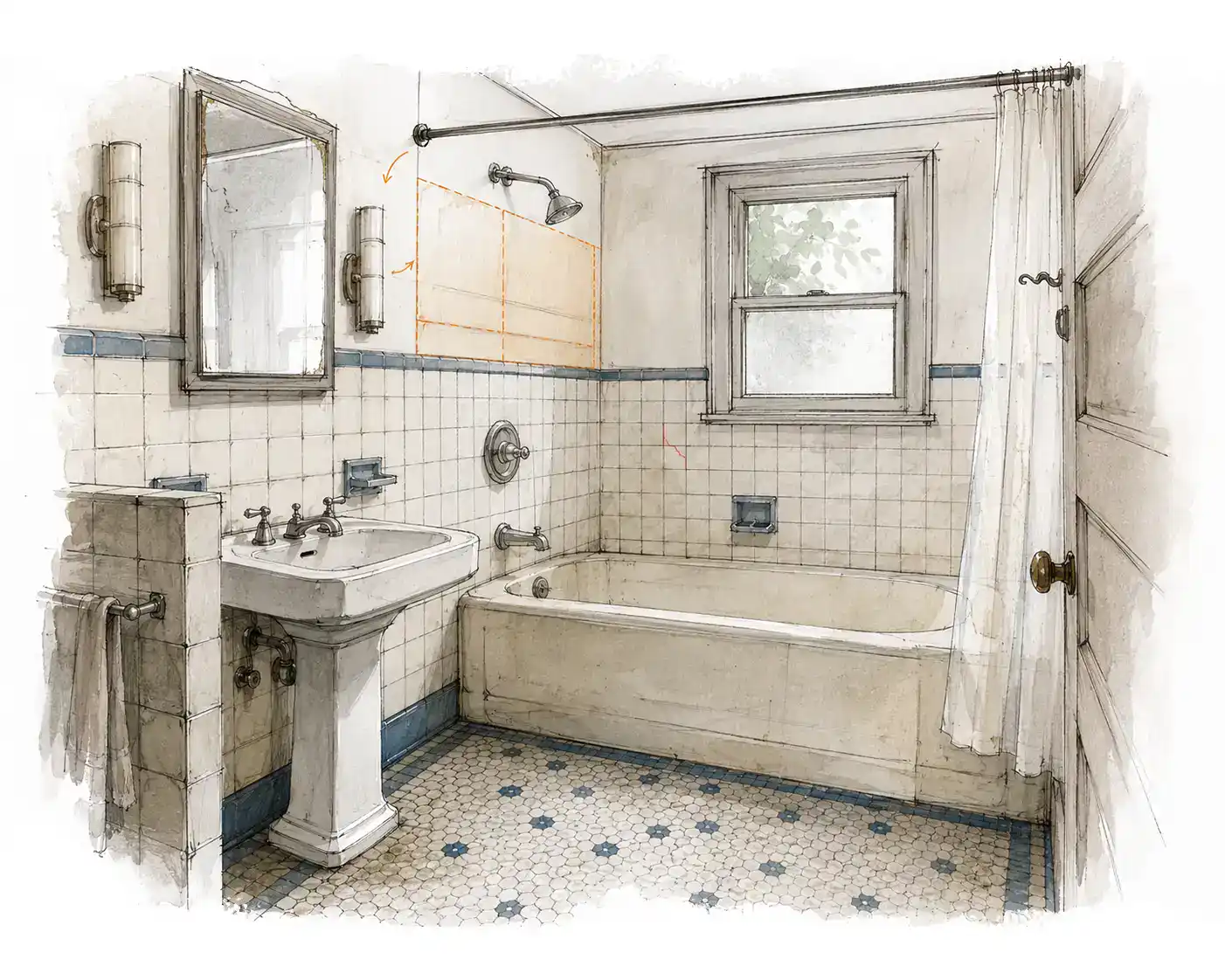 Handgezeichnete Skizze eines in die Jahre gekommenen Badezimmers mit Badewanne, Standwaschbecken und alten Wandfliesen
