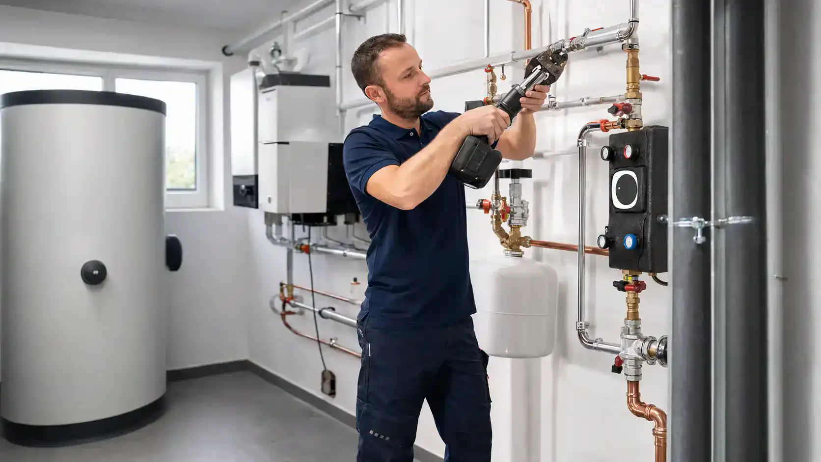 Anlagenmechaniker SHK arbeitet mit einem Presswerkzeug an den Rohrleitungen einer modernen Heizungsanlage
