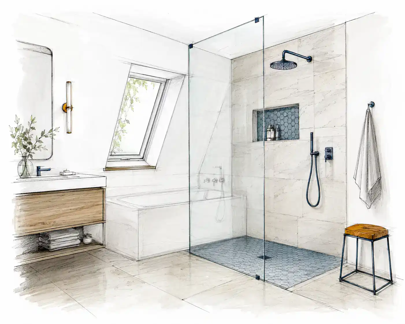 Handgezeichnete Planungsskizze eines modernen Badezimmers mit bodengleicher Glasdusche anstelle einer Badewanne