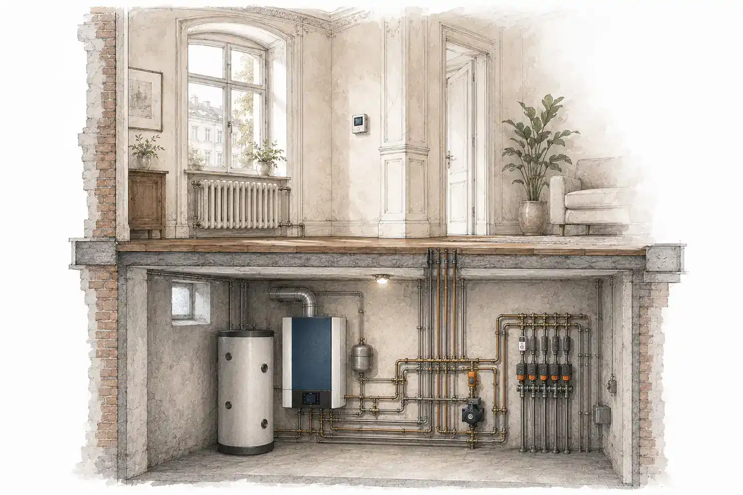Handgezeichnete Schnittdarstellung eines Altbaus mit Heizkörper im Wohnraum und moderner Heizungsanlage im Keller