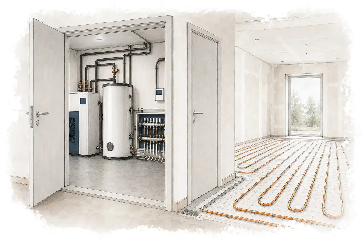 Handgezeichnete Darstellung eines Neubaus mit Heiztechnik im separaten Hauswirtschaftsraum und Fußbodenheizung im Wohnbereich