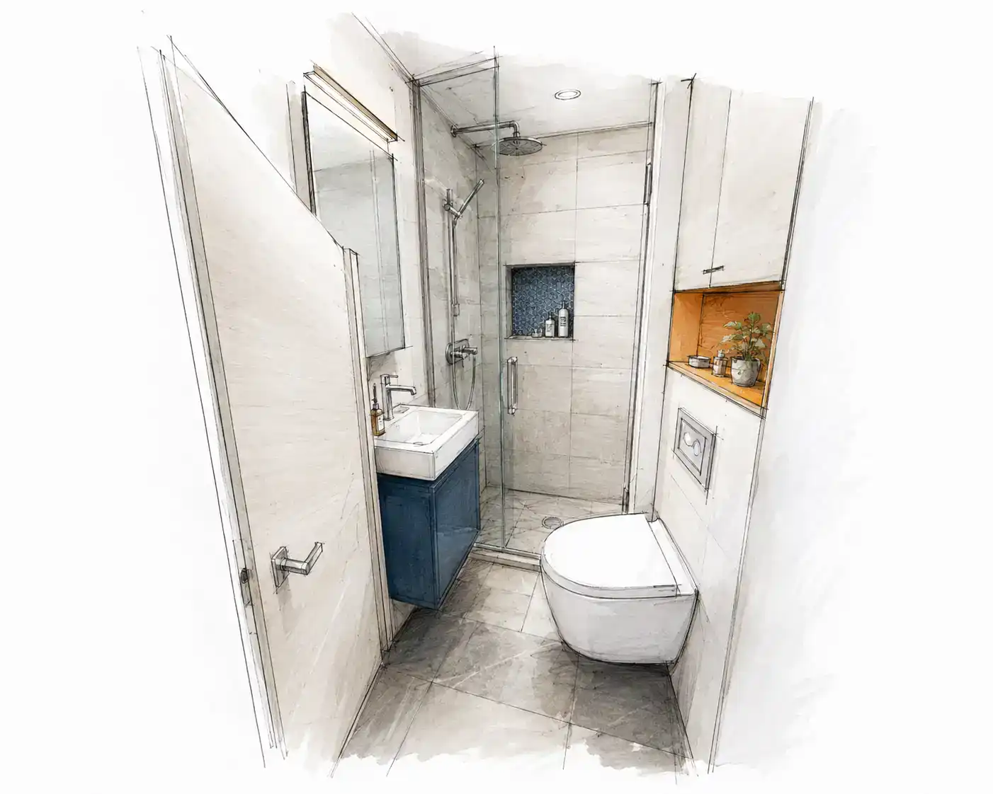 Handgezeichnete Planungsskizze eines kleinen Badezimmers mit platzsparender Dusche, Waschtisch, wandhängendem WC und Einbauschrank