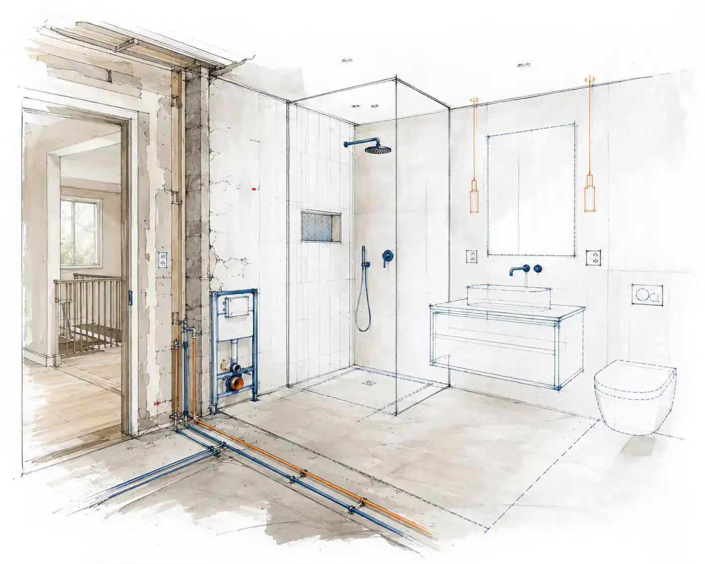 Handgezeichnete Planungsskizze eines Badezimmers während einer Haussanierung mit freigelegten Leitungen und eingezeichneter neuer Sanitärausstattung