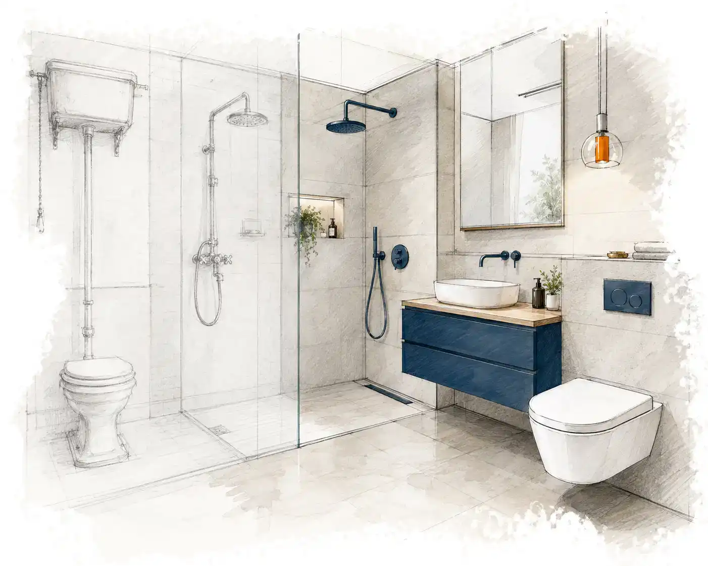 Handgezeichnete Planungsskizze eines wassersparenden Badezimmers mit bodengleicher Dusche, modernen Armaturen und wandhängendem WC