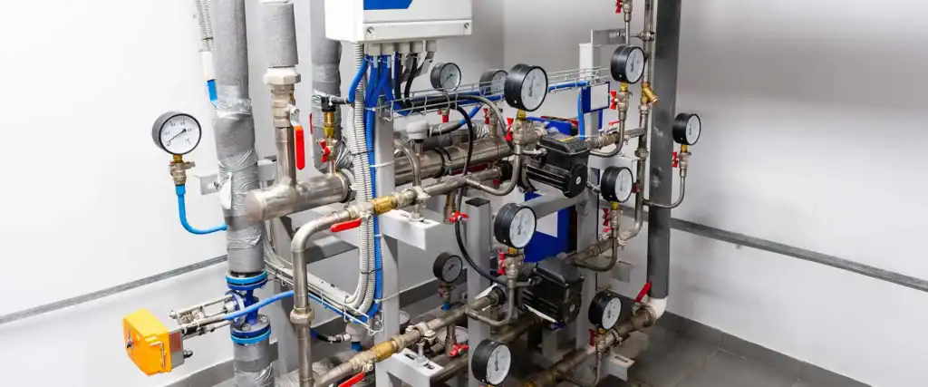 Heizungswasser-Aufbereitungsanlage mit Rohrleitungen, Pumpen, Ventilen und Druckanzeigen