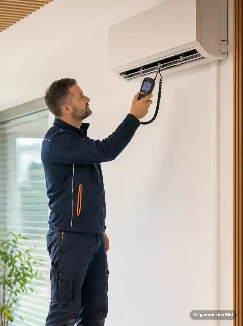 SHK-Fachmonteur bei der Inbetriebnahme und Funktionsprüfung einer neu installierten Klimaanlage