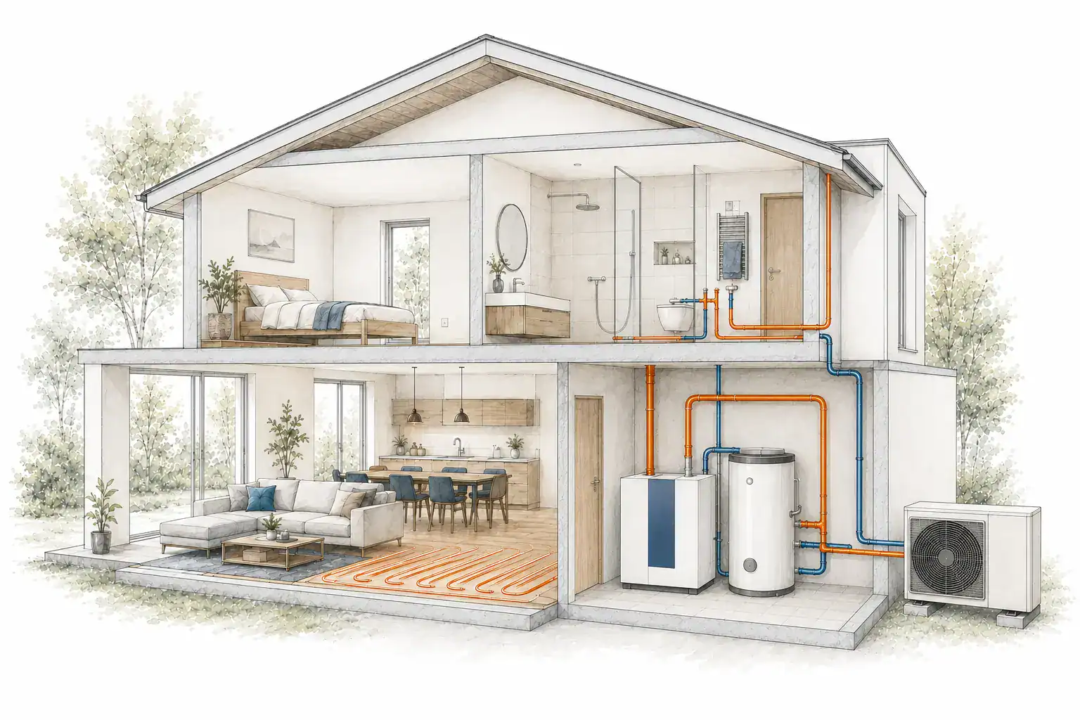 Haus im Querschnitt mit Heizungsanlage, Warmwasserspeicher, Leitungsführung und Fußbodenheizung