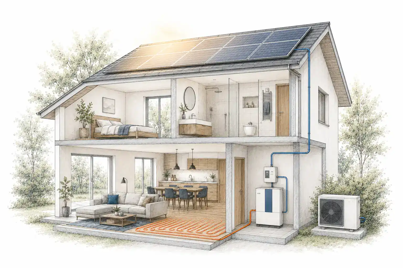 Schematische Hausdarstellung im Querschnitt mit Photovoltaikanlage, Wärmepumpe, Außengerät und Fußbodenheizung