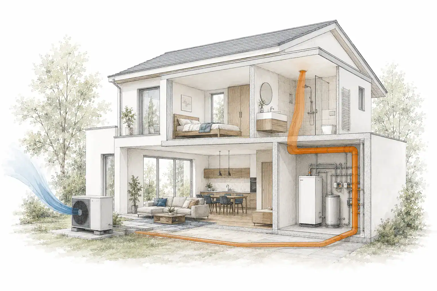Schematische Hausillustration mit Luft-Wasser-Wärmepumpe, Außeneinheit und Warmwasserbereitung